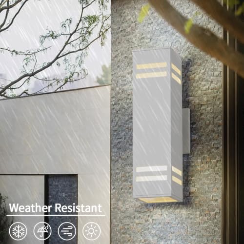 Image of Cerdeco Aluminum Modern Outdoor Wall Light,15 inch Exterior Up Down Wall Sconce Light Fixture Sand Textured White with 3-Sided Frosted Glasses [ETL Listed] | E26 Base,UL listed,Aluminum Up and Down Lights Outdoor Exterior Wall Light Fixture Porch Light for House Garage Patio Garden