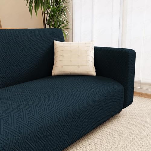 Image of Lukzer 2 Seater Pastel Marine Blue Grid Maze Pattern Sofa Cover | 240 GSM Universal Stretch Fit Jacquard Fabric Couch Protector | Fully Covered Anti Slip & Washable Sofa Cover (180-230cm /SC-110-02)