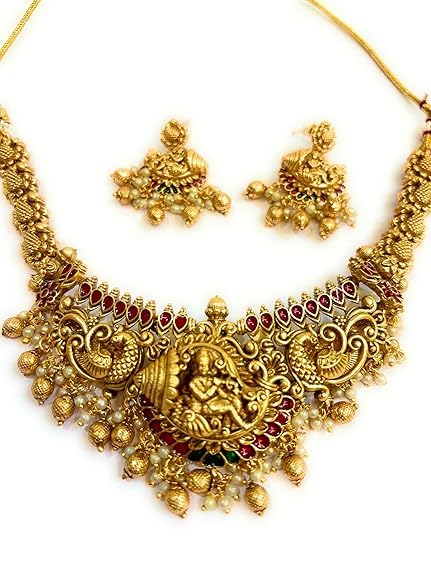 Adyashree Emporium LAKSHMI Diamond Gold Plated Necklace Set with Pink and Green stone Leaf pattern Jewellery set Earrings for Women and Girls (B09HDFJXPC) Amazon Price History, Amazon Price Tracker