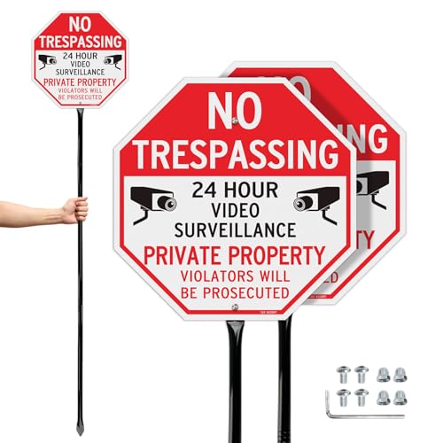 Image of T&R Large No Trespassing Private Property Sign Video Surveillance Sign with 54 inch Stake - 2 Pack - 12 inchx12 inch .040 Rust Free Aluminum, Reflective, Waterproof and Fade Resistant, 2 pre-drilled holes, Includes Matching Screws & Wrench, Easy to Mount