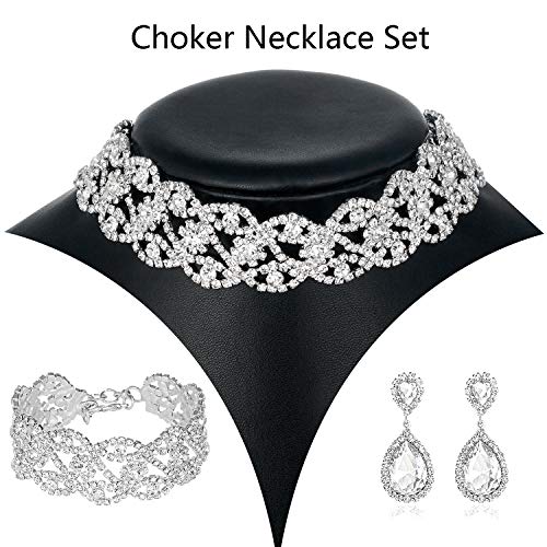 3 Pack Rhinestone Crystal Choker Necklace Link Bracelet Teardrop Dangle Earrings Jewelry Sets For Women Girls #TOP3