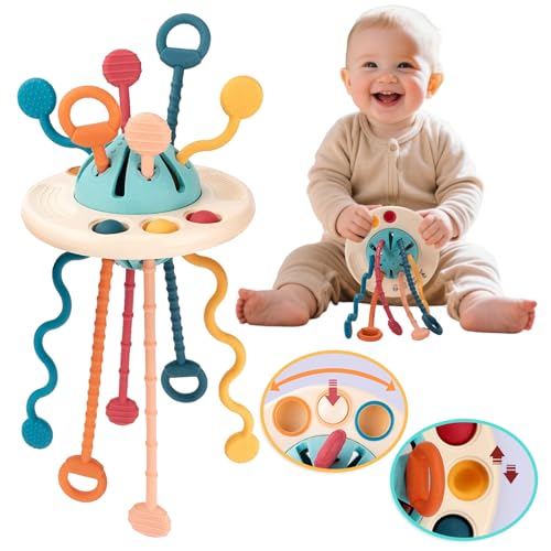 woollywink Jouet Bébé 1 an, Jouet Montessori 1 an dans la Poussette, Jouet Sensoriel pour Bébé 12-18 Mois+, Jouet Éducatif à Tirer en Forme d'OVNI pour Développer la Motricité à Suspendre