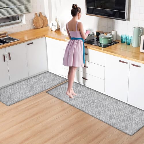 Tapis Cuisine Devant Evier, Tapis Cuisine Antiderapant Lavable, Lot 2 Pieces, Antifatigue Mat Imperméable pour Cuisines et Bureaux (43.5x120 cm + 43,5x70 cm), Gris