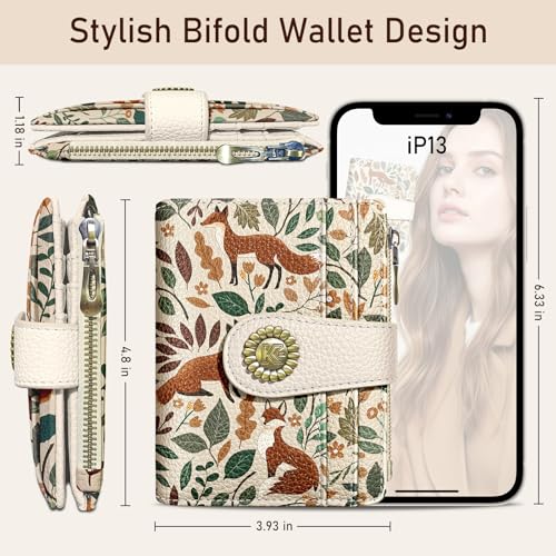 Image of Kelvoris Cute Fox Leaves Small Rfid Women Wallet Bifold Zipper Coin Pocket | PU Leather Compact Cash Credit Card Holder Travel Purse for Female Ladies Teen Girls 1 ID Window 10 Card Slots