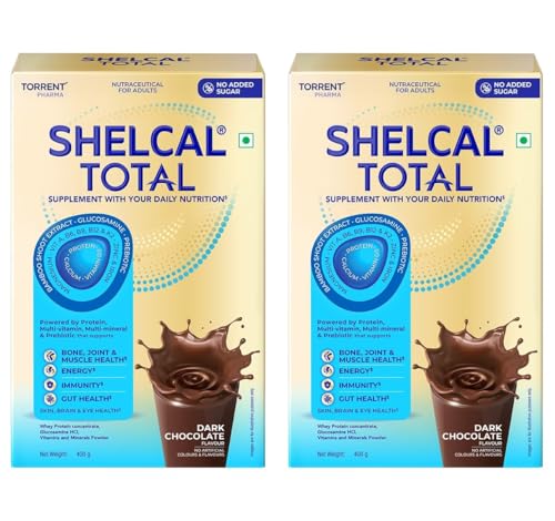 Image of Shelcal Total - Powered by Protein, Multi-Vitamin, Multi-Mineral & Prebiotic supports Bone, Joint & Muscle, Immunity, Gut Health, No Added Sugar (Dark Chocolate) 400g - By Torrent Pharma, Pack of 2