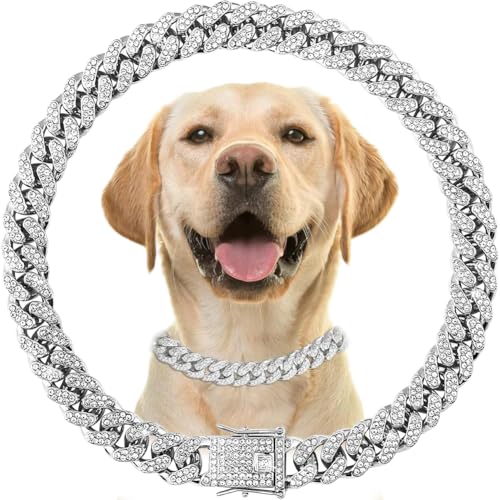 Image of Silver Dog Chain Collars for Large Dogs with Diamond，Bling Metal Cuban Link Dog Collars,Rhinestone Dog Necklace for Small Medium Large Pet Dogs Cats，20 Inch