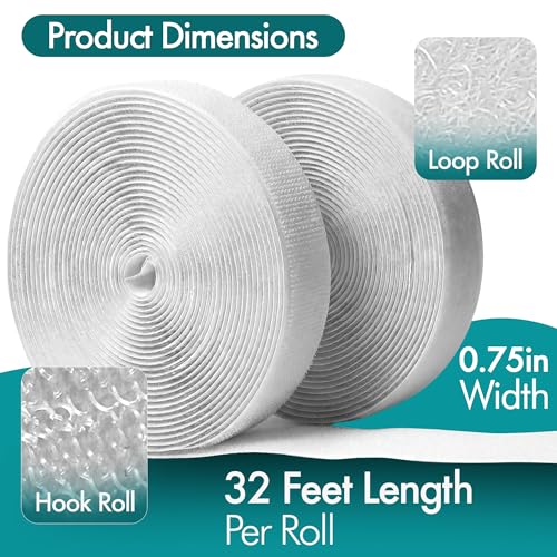 Image of (26ft x 0.75in) White Velcro Strips with Adhesive, Double Rolls of Heavy Duty Self Adhesive Tape with Backing (32ft x 0.75in + Measuring Tape)