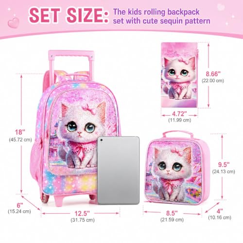 Image of CCJPX 3PCS Rolling Backpack for Girls, Kids Cat Roller Wheels School Bookbag with Lunch Bag, Wheeled School Bag for Toddler Elementary Children
