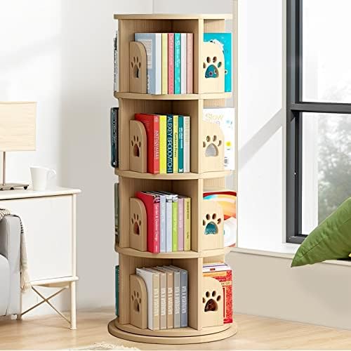 Winfree Rotating Bookshelf for Small Space,360 Display 4 Tier Floor Standing Bookcase Storage Rack
