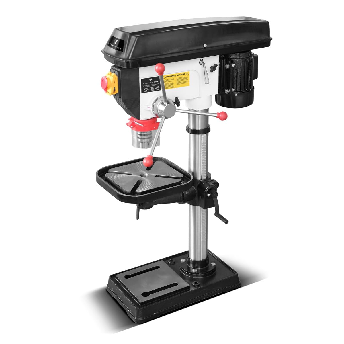STAHLWERK Taladro de columna - Robusto taladro de columna de 550 W para bricolaje, metalistería y modelismo, diámetro de perforación Ø 16 mm, 200-2.800 rpm, robusta mesa de perforación
