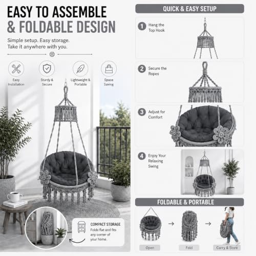 Image of Premium King Size Hammock Chair Swing with Cushion, 200kg Capacity | Indoor Outdoor Heavy Duty Adults & Kids Hanging Jhula for Home, Garden, Patio & Balcony | 1 Year Warranty (Grey)