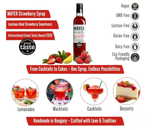 Image of Mayer Strawberry Syrup for Drinks and Cocktails, Made with Real Fruit | No artificials. For strawberry coffee, lattes, matcha, lemonade, cocktails, dessert.
