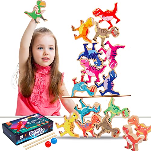 Bambebe Dinosaurier Bausteine, Holz Stapelspiele Spielzeug für Kleinkinder, Balance Stapelspielzeug Montessori Spielzeug, Pädagogisches Tier aus Holz Spielzeug für 3 4 5 6 Jahre alte Jungen Mädchen Cover
