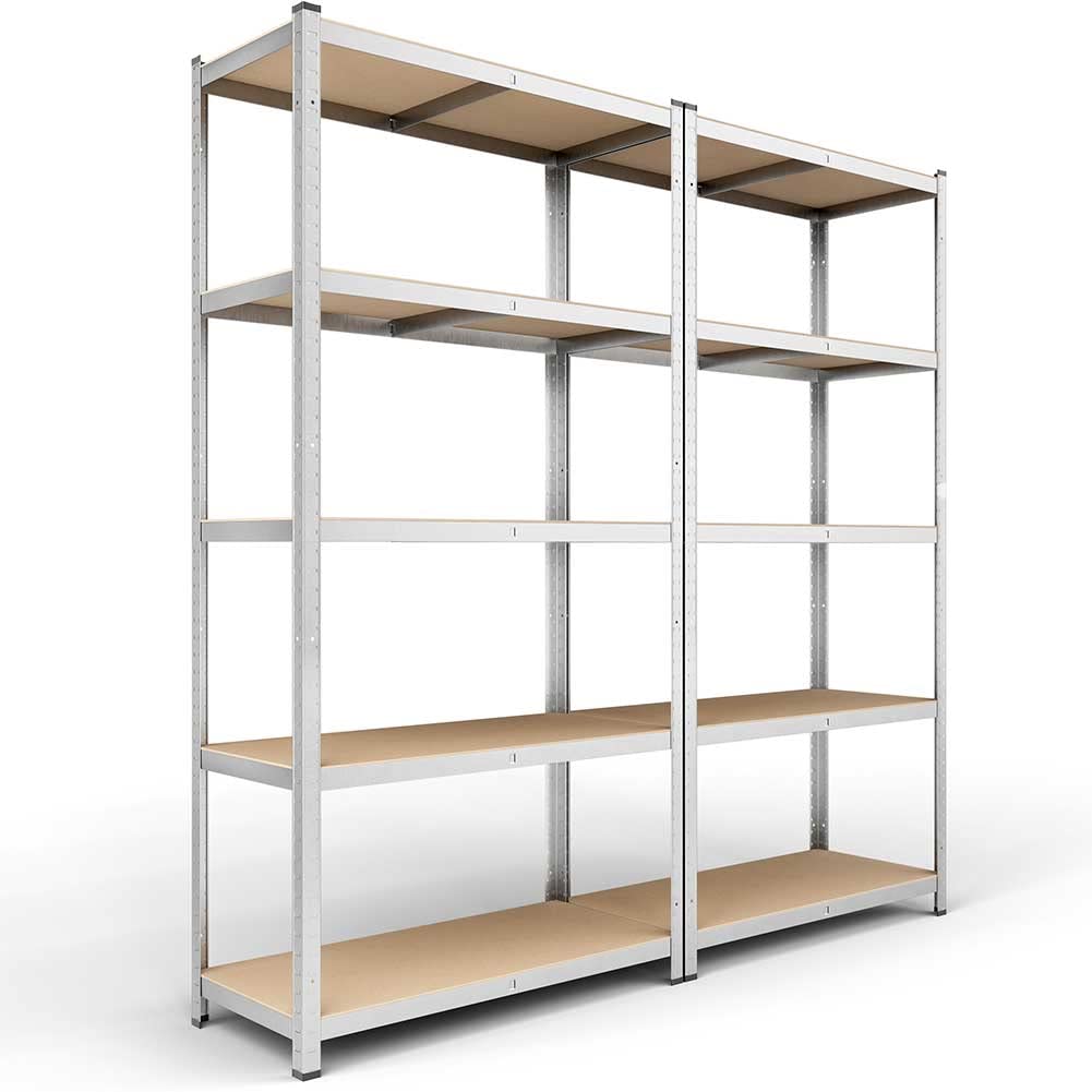 BAKAJI Scaffale Porta Oggetti, 5 Ripiani in Metallo Zincato, Grande Portata, Scaffalatura Garage legno e Metallo (2 Pezzi 180 x 90 x 40 cm)