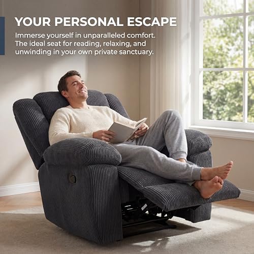 Image of Oversized Corduroy Recliner Chair, Manual Lazy Boy Recliner with Home Theater Seating, Breathable Living Room Reclining Chair for Adults Reading, Gaming, Relax, Dark Gray