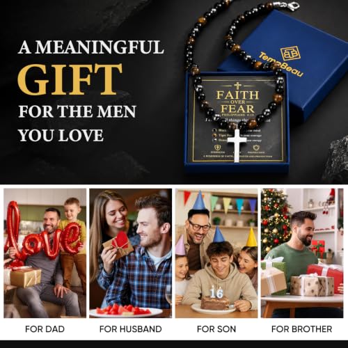 Beaded Cross Necklace Gifts for Men - Triple Protection Black Onyx Obsidian Tiger Eye Natural Stone Necklace Stainless Steel Cross Pendant Stress Relief Balance Faith Jewelry Gifts for Husband Dad Son - image 6