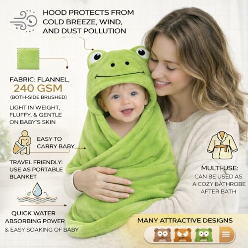 Image of First Kick New Born Baby Blanket Pack of Super Soft Bathrobe Wrapper Bath Towel for Boys, Girls, Babies (Green Frog, Length 82 cm x Width 82 cm, 0-12 Months)