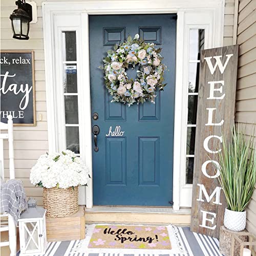 Wanna-Cul 24 Inch Spring White Peony Floral Wreath For Front Door With Baby Blue Rose Flower For Wedding Or Home Decor #TOP4