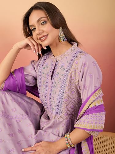 Image of Women's Pure Silk Printed Embroidery Kurta Palazzo & Dupatta Set
