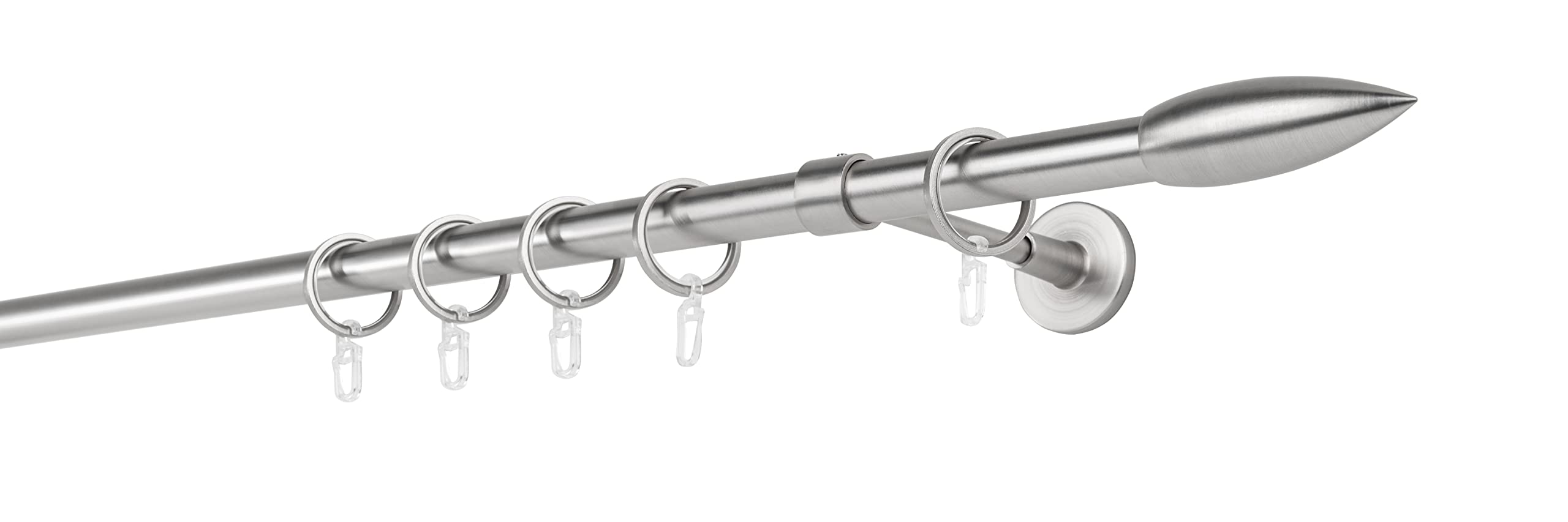Gardinenstange auf Maß 20mm Patrone 1-lauf Vorhangstange Wandträger Deckenträger 14cm Stilgarnitur mit Ringen für Vorhänge Edelstahl-Optik 130cm