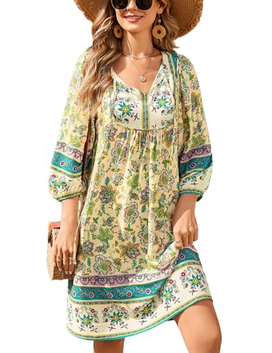 Image of Bluetime Women Casual Summer Dress Boho V Neck 3 /4 Sleeve Babydoll Floral Print Flowy Beach Dress