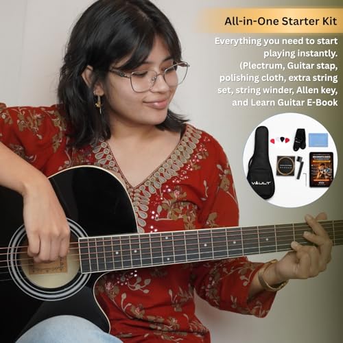 Image of VAULT EA20 Basswood Guitar Kit With Learn To Play Ebook, Bag, Strings, Straps, Picks, String Winder & Polishing Cloth - 40 Inch Cutaway Acoustic Guitar Black