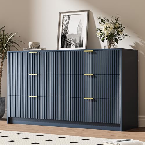 Image of MAISONARIA 6 Drawer Dresser for Bedroom, 55 inch Wide Modern Chest of Drawers with Gold Metal Handles, Fluted Wood TV Stand for Living Room, Hallway(Navy Blue)