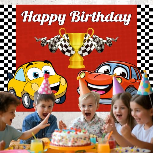 Image of Car Theme Happy Birthday Backdrop 4x3 Ft for Kids Party Decoration, Birthday Banner Background Curtain for Boys & Girls, Cake Table Decor, Photography Background Cloth