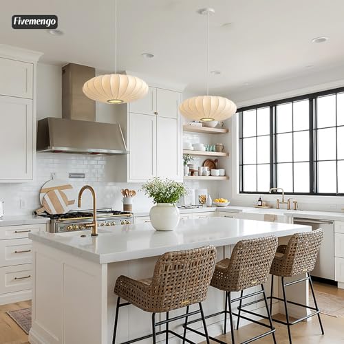 Image of 20 Inch Lantern Pendant Light, White Imitation Silk Lampshade, Bubble Pendant Light Fixture Ceiling Hanging Lamp Chandelier for Living Dinning Room Kitchen Island Bedroom Restaurant Cafe