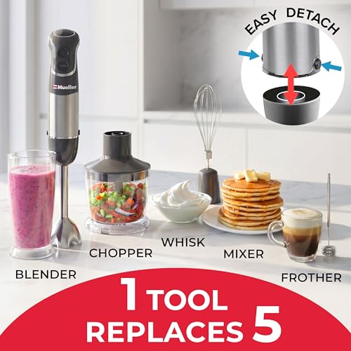 Mueller Multistick 5-in-1 Immersion Blender Handheld,12 Speed Hand Mixer-Turbo Boost,Heaviest Duty Copper Motor,Titanium reinforced Blades Hand Blender,Milk Frother Wand,Whisk,Beaker,Chopper,Grey