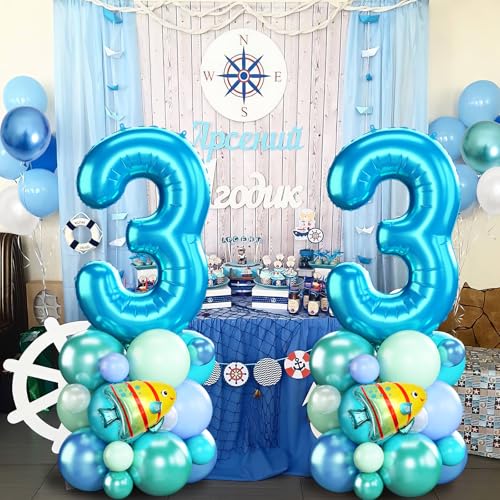 Image of Blue Number 3 Balloon 40 Inch Ocean Under the Sea Number Three Foil Balloons Tower with Shark Bubble Fish for Boys Third 3rd Birthday Party Decor Green Underwater Digital Aluminum Balloons Stack