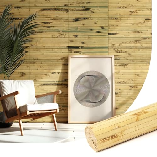 AMZDEPOT Natural Bamboo Wall Panel for Interior Wall Decor, Renewable Pole Wrap Wainscoting Paneling for Wall Ceiling Furniture Cabinet Office, 12 x 96 Inch, Light Burned