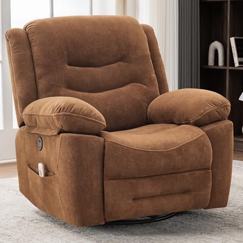 Image of Ketaiyou Power Swivel Rocker Recliner with Massage and Heat, USB Port, Infinite Position, Overstuffed Electric Glider Rocking Chairs Living Room, Soft Fabric Reclining Sofa Chair (Retro Brown)