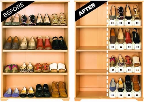 Image of Double Deck Shoe Organizer | Adjustable Height 8-15 cm Plastic Shoe Slots Space Saver | Shoe Holder Stand for Wardrobe, Closet & Shoe Rack Storage (25 x 9.8 cm, Pack of 2)