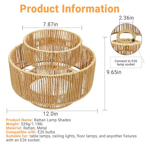Image of Hanging Light Lamp Shades Boho Rattan Lamp Shades, Woven LampShades for Floor Lamps Rattan Pendant Lights Boho Lamp Ceiling Light, Plug in Pendant Light Fixtures Hanging Lamp 1.54lb