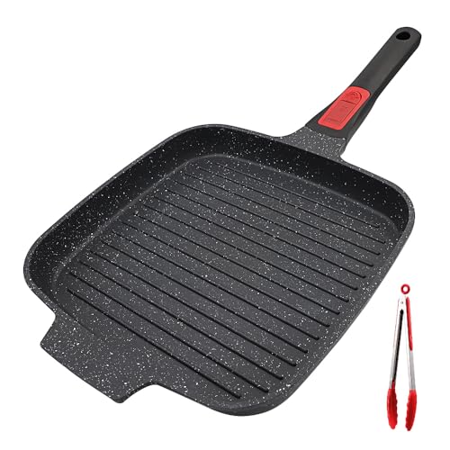 RANX INGST Grillpfanne Induktion mit Abnehmbarer Griff, 24 cm Steakpfanne Antihaft Beschichtet Aluminium Grill Pfanne, Alle Herdarten - Schwarz