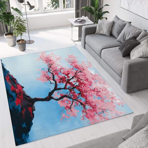 Tapis de paysage chinois antidérapant et lavable en machine rose