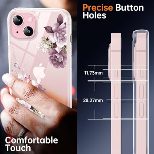 Image of Elzzi Clear Transparent Flower Cover for iPhone 13 Case Shockproof PC+TPU Back Cover with Full Camera Protection Non Slippery - Deep Purple