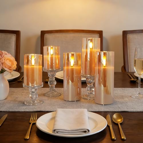 Image of LEDHOLYT Rechargeable Flameless Candles, Realistic Flickering LED Flameless Candles Real Wax Candle with Remote Control and Timer, Gold Glass Electronic Candle, 1 Set of 5(Gold)