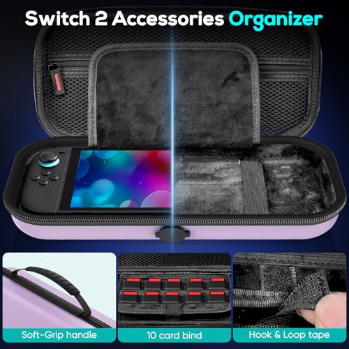 Image of Auarte [Charge Inside] Switch 2 Carrying Case for Nintendo Switch 2 Console 2025 / Switch Original /Switch OLED, Slim Travel Carry Case for Switch 2 Accessories with 10 Game Card Storage (light purple, for Switch 2, Carrying Case)