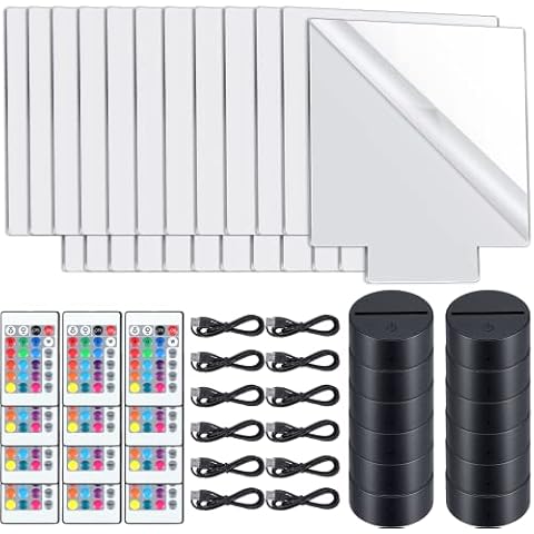 Riakrum 12 Pieces LED Light Base with Clear Acrylic Sheet 3D Night LED Lamp Display Base 16 Colors and 4 Modes Remote Control USB Cable for DIY Craft Room Bar Gift Lamp Light Set (Square Sheet) Cover