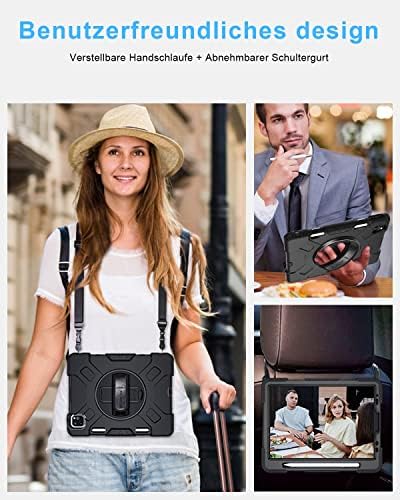 GROLEOA Case for iPad Pro 11 inch 2022/2021: Robust Shockproof Protective Cover for iPad Pro 4th/3rd Generation with Pencil Holder-Adjustable Shoulder Strap-360° Rotating stand-Black