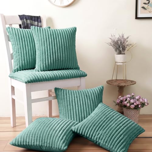 Image of Yellow Weaves Pencil-Stripe Fur Cushion Covers | Soft Polyester | Decorative Sofa & Throw Pillow Covers | 16x16 Inches, Pack of 5 (Sea Green)