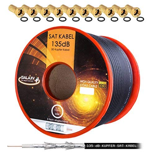 HB Digital 135dB 50m Koaxial SAT Kabel Reines KU Kupfer Schwarz Koax Kabel Antennenkabel 5-Fach geschirmt für DVB-S / S2 DVB-C und DVB-T BK Anlagen +