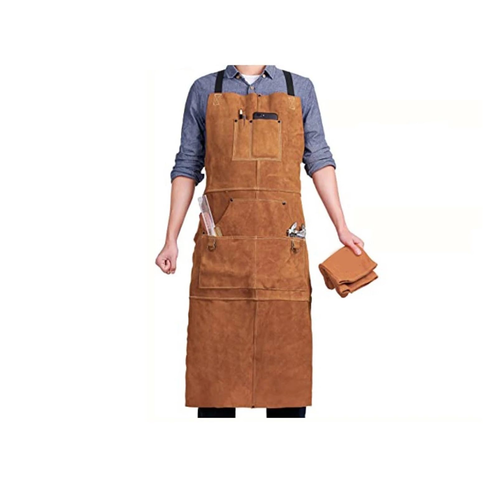 Cowhide Real Leather Work Shop Apron with 6 Tool Pockets Heat & Flame Resistant Heavy Duty Welding Apron for Men Women