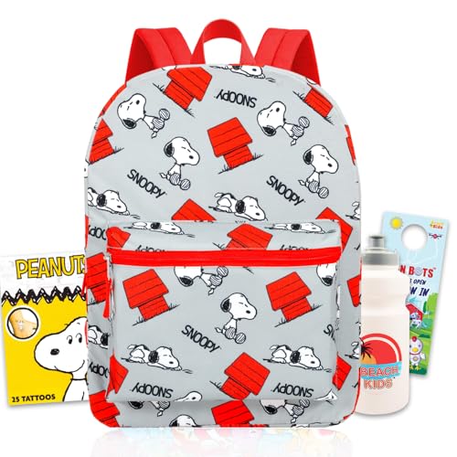 Mochila Snoopy para escola – Pacote com mochila Peanuts de 40,6 cm e garrafa de água, tatuagens, mais | Conjunto de mochila escolar Snoopy para crianças, meninos e meninas