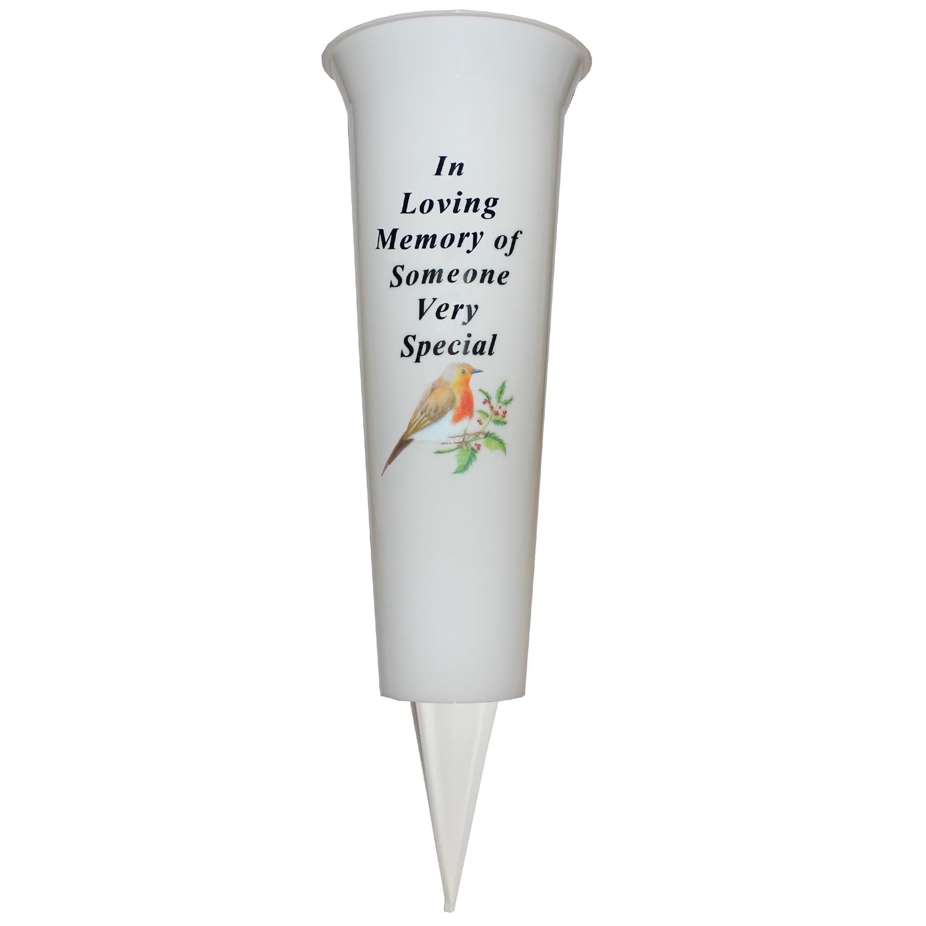 Widdle Gifts Someone Special 8798 Memorial Grave Flower Pot - 33Cm Tall Sturdy White Memorial Graveside Flower Vase With Spike And Robin Image (Someone Special 8798)