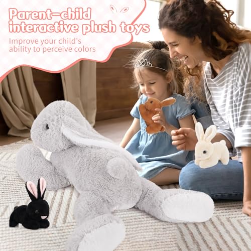 MorisMos groß hase plüschtier Kuscheltier XXL, 60cm lang Riesen Hase Kaninchen mit 3 Baby Bunny, Weich Plüschhase Stofftier Puppe, Geburtstag Weihnachten Geschenk Kinder Jungen Mädchen