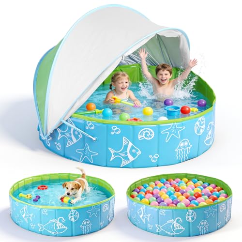 47.3 Foldable Baby Pool with Canopy Hard Plastic Pool Suitable for Kids Toddler Kiddie Designed for Use in Backyard Beach Park Blue and Green(No Sprayer)