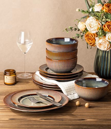 Image of TheTerra Stoneware Dinnerware Sets for 4, 12 Pieces Ceramic Plates and Bowls Sets, Scratch Resistant Embossed Dish Set, Oven, Microwave & Dishwasher Safe, Coca Mocha